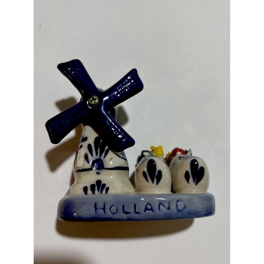 Vintage Delft Blue Holland Windmill Porcelain Hand Painted Flowers Windmill Move